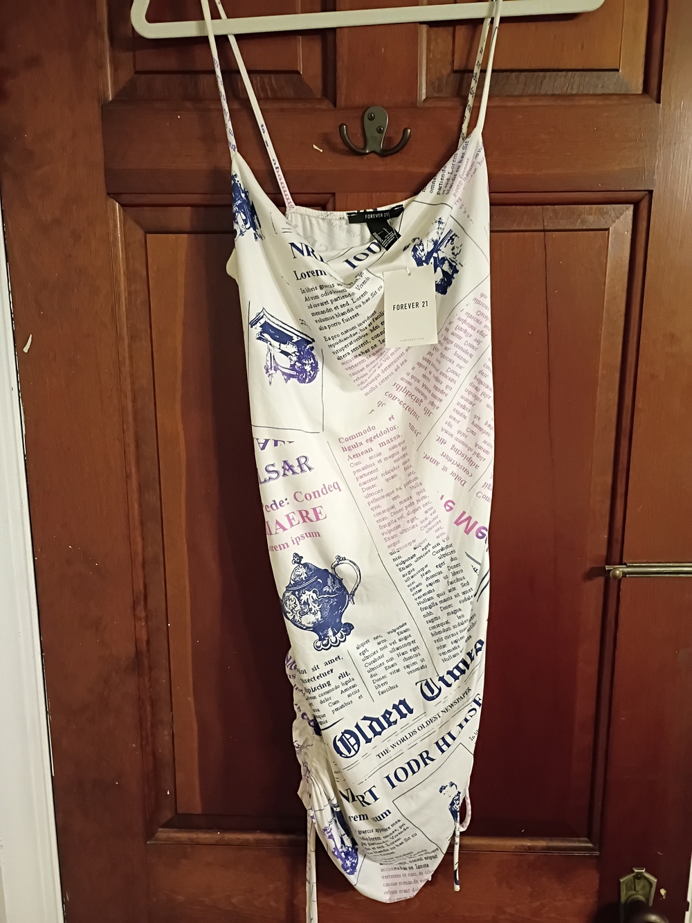 Forever 21 White Slip Dress with Blue & Pink Newspaper Print Size L